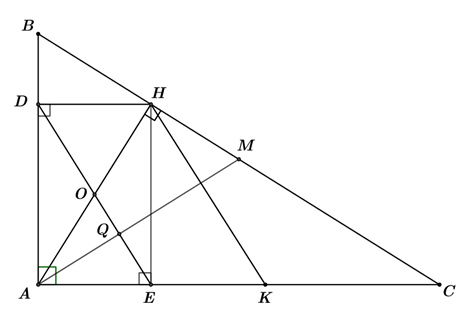  Cho ΔABC vuông tại A (AB<AC), có AH là đường cao. Từ H kẻ HD vuông góc với AB (D∈AB) và HE vuông góc với AC (E∈AC). (a) Tứ giác ADHE là hình gì? Vì sao? (ảnh 1)