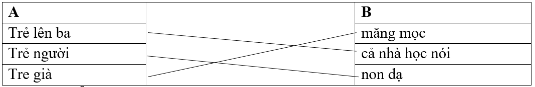 Nối mỗi vế thích hợp ở bên B để tạo thành những thành ngữ, tục ngữ nói về trẻ em: (ảnh 1)