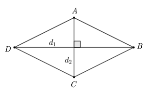 Cho hình thoi \[ABCD\] có hai đường chéo \[{d_1}\] và \[{d_2}.\] Diện tích hình thoi \[ABCD\] là (ảnh 1)