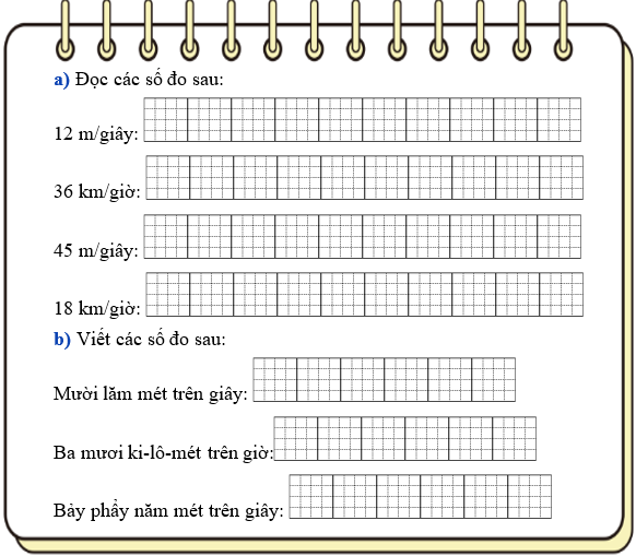 Hoàn thiện ô trống sau: 12 m/giây; 36 km/giờ; 45 m/giây (ảnh 1)