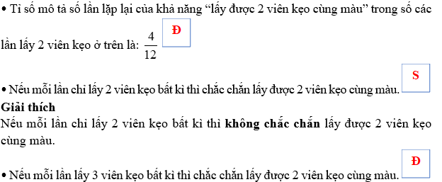 Một bạn học sinh nhắm mắt, lấy 2 viên kẹo bất kì từ hộp kẹo, quan sát màu, ghi lại kết quả và trả lại 2 viên kẹo đó. Thực hiện 12 lần như vậy. (ảnh 1)