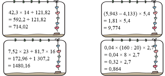 Tính giá trị của mỗi biểu thức sau:42,3 × 14 + 121,82 (ảnh 1)