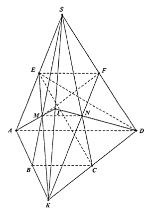 Cho h&igrave;nh ch&oacute;p S.ABCD c&oacute; đ&aacute;y ABCD l&agrave; h&igrave;nh thang (AD l&agrave; đ&aacute;y lớn, BC l&agrave; đ&aacute;y nhỏ). Gọi E,F lần lượt l&agrave; trung điểm của SA v&agrave; SD. K l&agrave; giao điểm của c&aacute;c đường thẳng AB v&agrave; CD (ảnh 1)