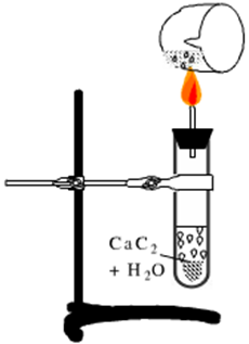 Tiến hành thí nghiệm điều chế và thử tính chất của chất X theo các bước sau đây:

Bước 1: Cho vài mẩu nhỏ calcium carbide vào ống nghiệm đã đựng 1 mL nước và đậy nhanh bằng nút có ống dẫn khí (ảnh 1)