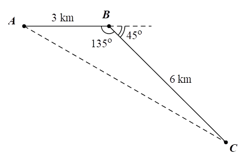Một chiếc thuyền xuất phát từ cảng chạy ra biển theo một đường thẳng được 3 km thì rẽ sang phải theo hướng lệch với hướng ban đầu một góc 45 độ và đi thẳng theo hướng đó thêm 6 km nữa thì dừng lại. (ảnh 1)
