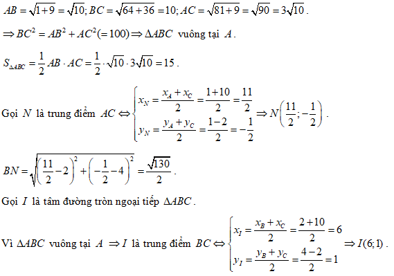Cho  tam giác ABC có A(1;1), B(2;4), C(10;-2). (ảnh 1)