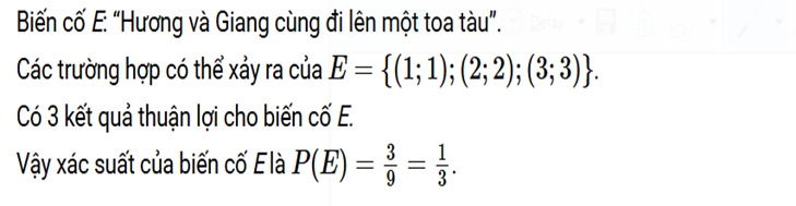 Một tàu điện dừng lại ở một sân ga, có ba toa tàu mang số 1, 2, 3 mở cửa để đón khách. Hai bạn Hương và Giang mỗi người chọn ngẫu nhiên một toa để đi lên (không tính thứ tự lên trước, sau).
( (ảnh 2)