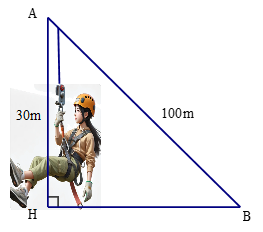 Một chuyến trượt cáp bắt đầu ở độ cao 30 m so với mặt đất. Chiều dài của cáp là 100 m. Giả sử đường trượt cáp được cố định với mặt đất, hãy tính góc \(ABH\) mà dây cáp tạo với mặt đất. (làm t (ảnh 1)