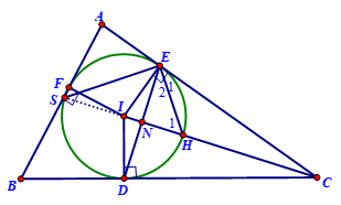 Cho  Δ ABC ngoại tiếp đường tròn (I) với các tiếp điểm trên BC, CA, AB lần lượt tại D, E, F. Gọi H là giao điểm của tia IC với (I). (ảnh 1)