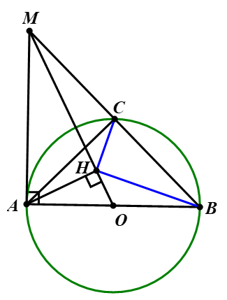  Cho đường tròn (O;R) đường kính AB. Trên tiếp tuyến tại A của (O;R) lấy M sao cho AM = 2R. Gọi C là giao điểm của MB với đường tròn (O). Kẻ AH⊥OMtại H. (ảnh 1)