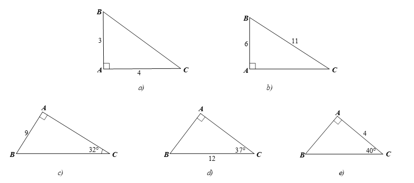 Giải tam giác vuông trong mỗi hình sau (làm tròn đến hàng phần trăm của đơn vị độ dài và làm tròn đến phút của đơn vị số đo góc): (ảnh 1)