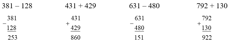 Đặt tính rồi tính  381 – 128 (ảnh 1)