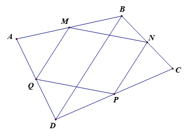 Cho tứ giác ABCD có M,N,P,Q lần lượt là trung điểm của các cạnh AB,BC,CD,AD (ảnh 1)