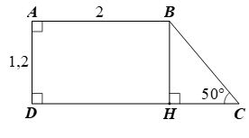 Cho hình thang ABCD vuông tại A và D, có góc C = 50 độ (ảnh 1)