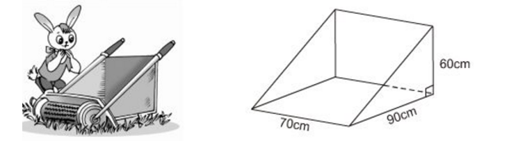 Thùng đựng của một máy cắt cỏ có dạng lăng trụ đứng tam giác. Hãy tính thể tích của thùng. (ảnh 1)