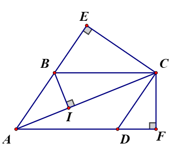 Cho hình bình hành ABCD có AB < AD. Kẻ CE vuông góc với AB tại E, CF vuông góc với  AD tại F, BI vuông góc với AC tại I. (ảnh 1)