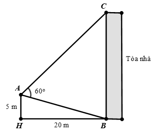 Một người đứng ở vị trí A trên tầng 2 một ngôi nhà cách mặt đất 5 m đang quan sát đỉnh của tòa nhà cách đó 20 m và đo được góc {BAC} = 60 độ (như hình vẽ bên dưới) (ảnh 1)