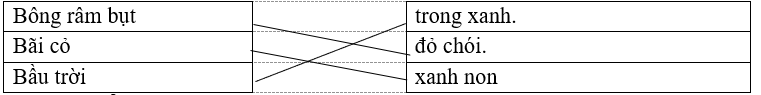 Nối từ để tạo thành câu:   Bông râm bụt  	     	  trong xanh.       Bãi cỏ    	     	  đỏ chói.       Bầu trời    	     	  xanh non (ảnh 1)