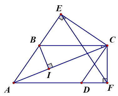 Cho hình bình hành ABCD có AB < AD. Kẻ CE vuông góc với AB tại E, CF vuông góc với  AD tại F, BI vuông góc với AC tại I. (ảnh 2)