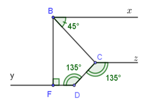 Cho hình vẽ bên, biết FDC = 135 độ C , góc CBx = 45 độ, góc DCz =1 35 độ (ảnh 1)