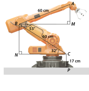 Cánh tay robot đặt trên mặt đất và có vị trí như hình vẽ bên. Tính độ cao của điểm A trên đầu cánh tay robot so với mặt đất. (ảnh 1)