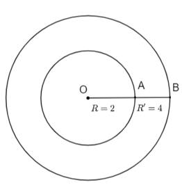 Cho hình vành khuyên giới hạn bởi hai đường tròn (O; 2cm) và (O;4cm). Hỏi diện tích hình vành khuyên đó là bao nhiêu cm2 (lấy pi = 3,14,kết quả làm tròn đến hàng phần mười)? (ảnh 1)
