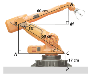 Cánh tay robot đặt trên mặt đất và có vị trí như hình vẽ bên. Tính độ cao của điểm A trên đầu cánh tay robot so với mặt đất. (ảnh 1)