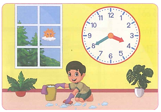 Quan sát bức tranh và điền vào chỗ trống cho thích hợp:  Bình giúp mẹ lau sàn nhà lúc ….. giờ ….. phút  hoặc ….. giờ kém ….. phút (ảnh 1)