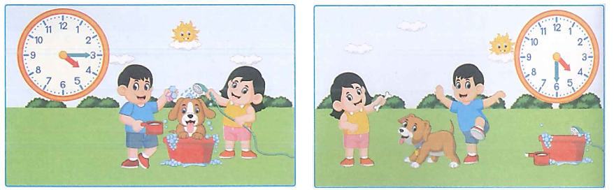 Quan sát bức tranh và điền vào chỗ trống cho thích hợp:  Phong và Hiền bắt đầu tắm cho chú chó lúc ….. giờ ….. phút (ảnh 1)