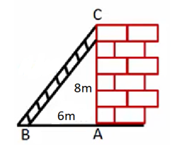 Một chiếc thang đặt dựa vào bức tường, biết chân thang cách tường 6 m, bức tường cao 8 m (như hình vẽ). (ảnh 1)