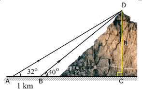 Tại hai điểm c&aacute;ch nhau 1km tr&ecirc;n mặt đất người ta nh&igrave;n thấy đỉnh n&uacute;i với g&oacute;c n&acirc;ng lần lượt l&agrave; 40 độ v&agrave; 32 độ (A, B, C thẳng hàng) &nbsp;(như h&igrave;nh vẽ). T&iacute;nh chiều cao của ngọn n&uacute;i (kết quả l&agrave;m tr&ograve;n đến chữ số thập ph&acirc;n thứ hai). (ảnh 1)
