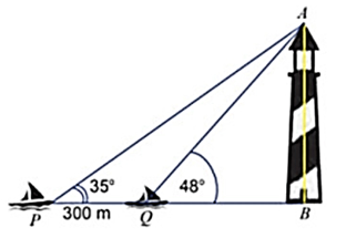 Hai chiếc tàu thuỷ P và Q cách nhau 300 m và thẳng hàng với chân B của tháp hải đăng AB ở trên bờ biển. Từ P và Q người ta nhìn thấy tháp hải đăng AB dưới các góc {BPA} = 35° và góc {BQA} = 48° (ảnh 1)