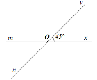 Vẽ góc  {xOy} = 45 độ .a) Vẽ tia Om là tia đối của tia Ox]; vẽ tia On là tia đối cuia tia Oy (ảnh 1)