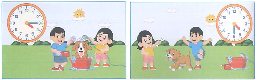 Quan sát bức tranh và điền vào chỗ trống cho thích hợp:  Phong và Hiền bắt đầu tắm cho chú chó lúc ….. giờ ….. phút (ảnh 2)