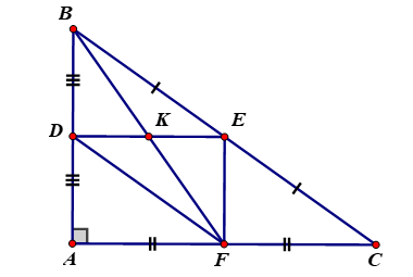 Cho Delta ABC vuông tại A có ba điểm D,E,F lần lượt là trung điểm của AB,BC,CA (ảnh 1)