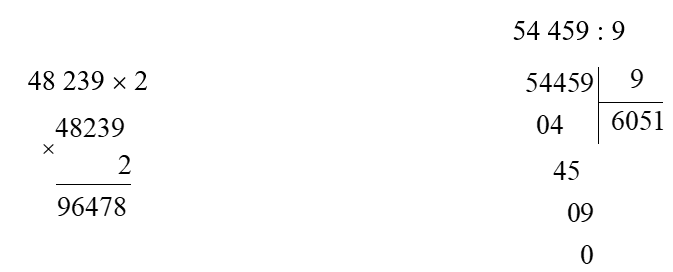 Đặt tính rồi tính:   48 239 x 2   54 459 : 9 (ảnh 1)