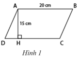 Cho hình bình hành \[ABCD\] (Hình 1). Biết độ dài cạnh \[AB = 20\,\,{\rm{cm}};{\rm{ }}AH = 15\,\,{\rm{cm}},\] diện tích hình bình hành \[ABCD\] là  (ảnh 1)