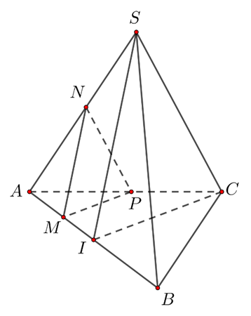Cho tứ diện đều SABC. Gọi I l&agrave; trung điểm của đoạn AB, M l&agrave; điểm di động tr&ecirc;n đoạn AI. Qua M vẽ mặt phẳng (alpha) song song với (SIC). Thiết diện tạo bởi (alpha) với tứ diện SABC l&agrave; (ảnh 1)