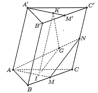 Cho lăng trụ tam gi&aacute;c ABC.A'B'C' c&oacute; I,K,G lần lượt l&agrave; trọng t&acirc;m c&aacute;c tam gi&aacute;c ABC,A'B'C',ACC'. Gọi M,M' lần lượt l&agrave; trung điểm của BC,B'C' (ảnh 1)