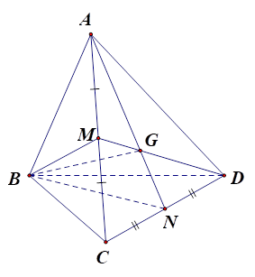 Cho tứ diện ABCD. Gọi M,N lần lượt là trung điểm của AC và CD. Giao tuyến của hai mặt phẳng (MBD) và (ABN) là: (ảnh 1)
