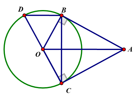 Qua điểm A nằm ngoài đường tròn (O), kẻ các tiếp tuyến AB và AC của đường tròn (B và C là các tiếp điểm).
(a) Chứng minh tứ giác OBAC nội tiếp đường tròn.
(b) Vẽ đường kính CD. Chứng minh BD  (ảnh 1)