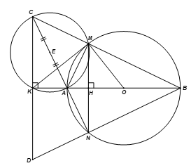 Cho đường tròn O đường kính AB. Lấy điểm M thuộc O sao cho MA < MB.Vẽ dây MN vuông góc với AB tại H Đường thẳng AN cắt BM tại C (ảnh 1)