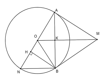 Cho đường tròn (O; R) và điểm M nằm ngoài đường tròn (O) sao cho OM = 8/5 R Từ M vẽ hai tiếp tuyến MA và MB của đường tròn O (với A,B là hai tiếp điểm) (ảnh 1)