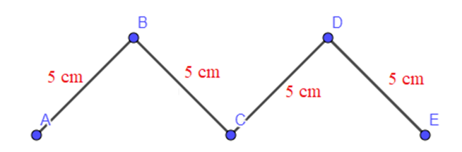 Viết phép tính và kết quả thích hợp vào chỗ trống:  Độ dài của đường gấp khúc ABCDE là: (ảnh 1)