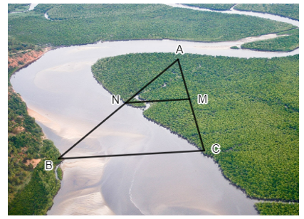 1) Để đo khoảng cách giữa hai vị trí B và N ở hai bên bờ sông, bạn Minh chọn ba vị trí (ảnh 1)