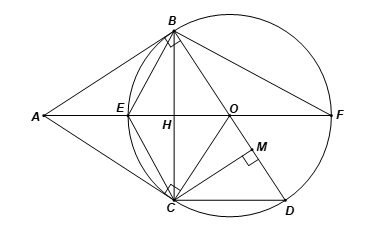 Cho đường tròn (O) và một điểm A nằm ngoài đường tròn. Các tiếp tuyến với đường tròn kẻ từ A tiếp xúc với đường tròn tại B và C. Gọi H là giao điểm của OA và BC (ảnh 1)