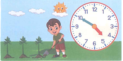 Huy giúp mẹ trồng một số cây trong vườn. Huy bắt đầu trồng lúc l6 giờ rưỡi. Khi Huy trồng xong, đồng hồ chỉ như hình bên (ảnh 1)