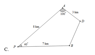 Hai bạn An và Hưng cùng xuất phát từ điểm P, đi theo hai hướng khác nhau và tạo với nhau một góc 40 độ  để đến đích là điểm D. Biết rằng họ dừng lại để ăn trưa lần lượt tại A và B  (ảnh 1)