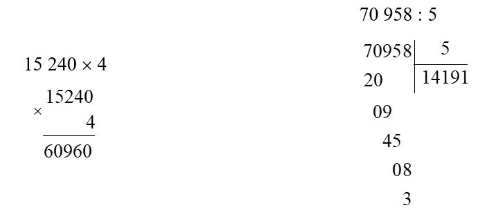 Đặt tính rồi tính:   15 240  x 4    70 958 : 5 (ảnh 1)