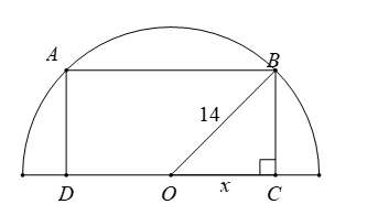 Một khu đất có dạng nửa hình tròn với bán kính là 14 m. Người ta muốn xây dựng một khu vui chơi hình chữ nhật nội tiếp trong nửa đường tròn (như hình vẽ) (ảnh 2)